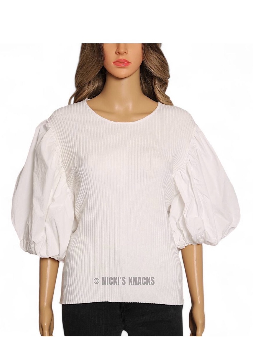 En Saison Maxime Ribbed Cutout Back Puff Sleeve Knit Sweater Top Off White Sze L